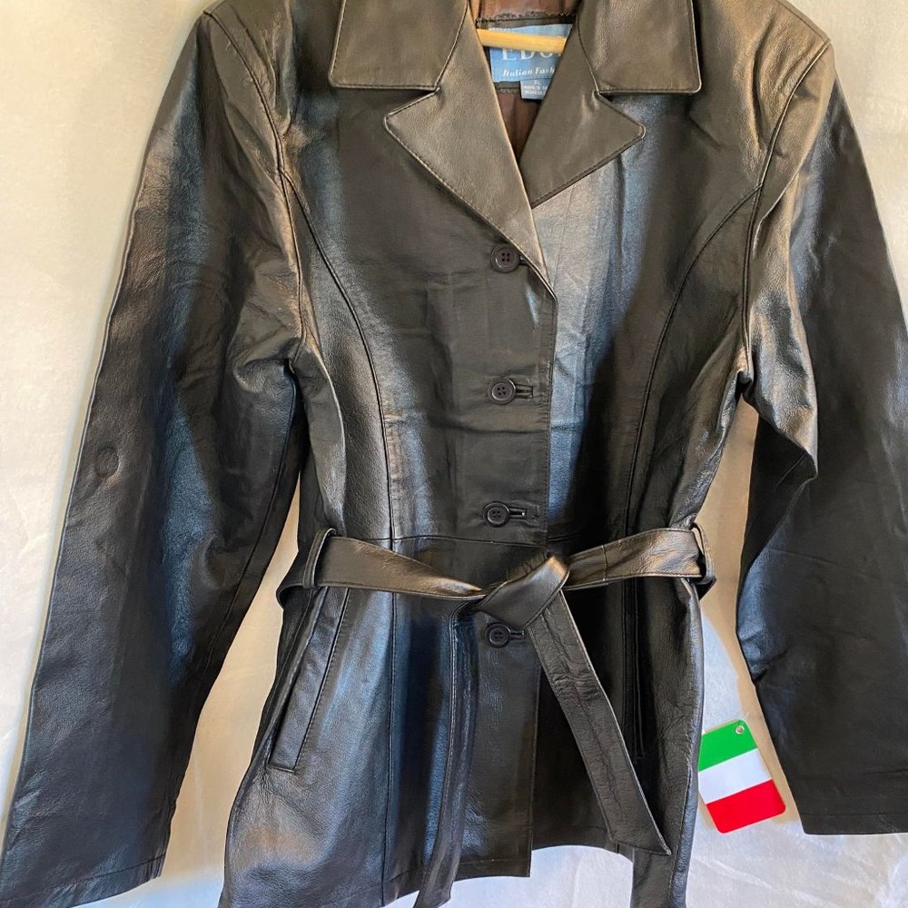 NWT Edge Italian Fashions Women's Black Leather Jacket with Belt Size XL